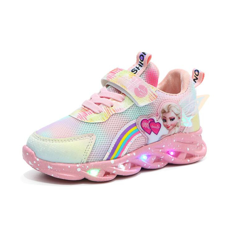 Cartoon LED casual sports shoes pink purple girls ice and snow Elsa princess printed outdoor shoes children's lightweight anti slip shoes