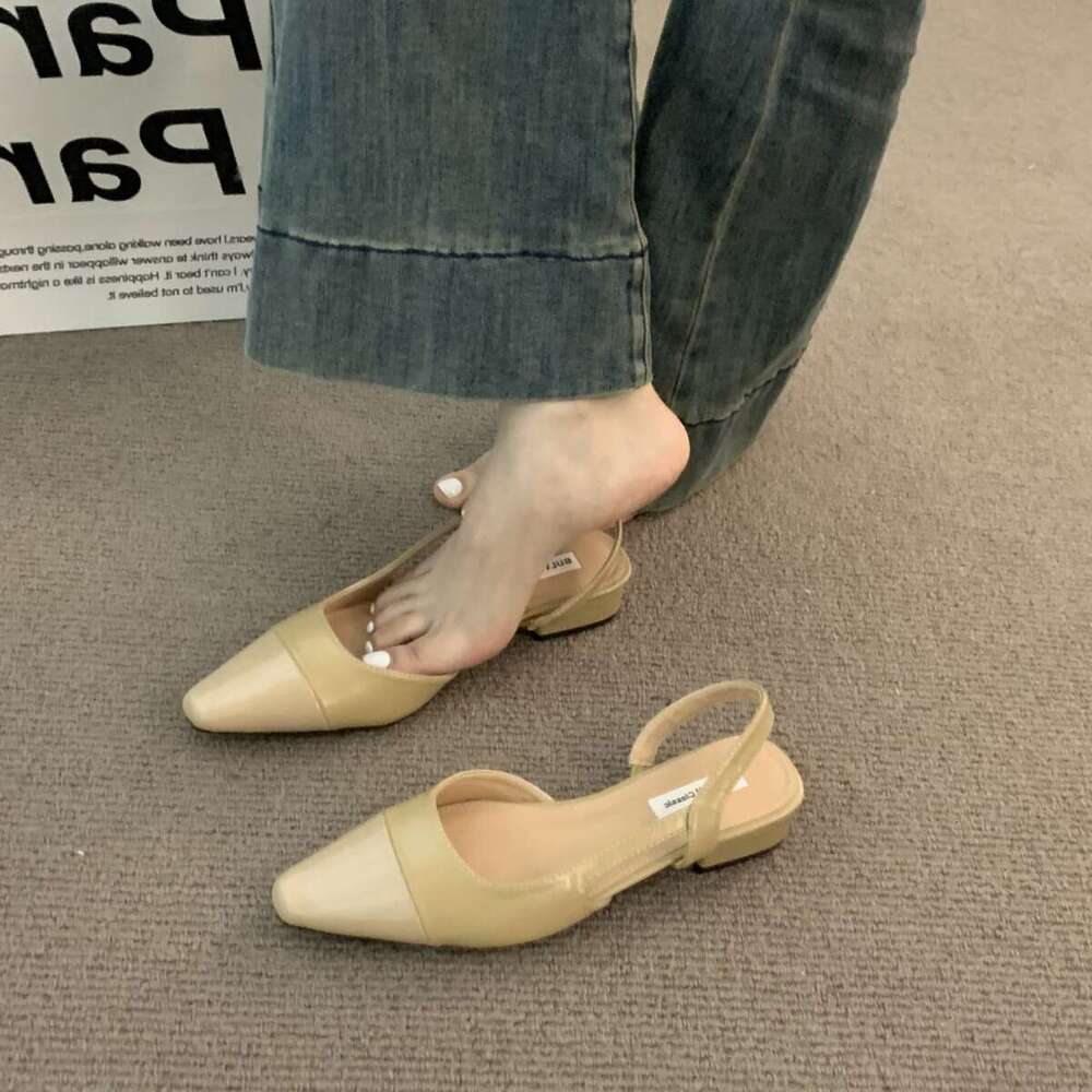 Pointed Toe Sandals Women, French Gentle designer shoes Evening Nude Color, Small Fragrance Style, Elegant Chunky Heel, Backless, Airy Single Shoes fo