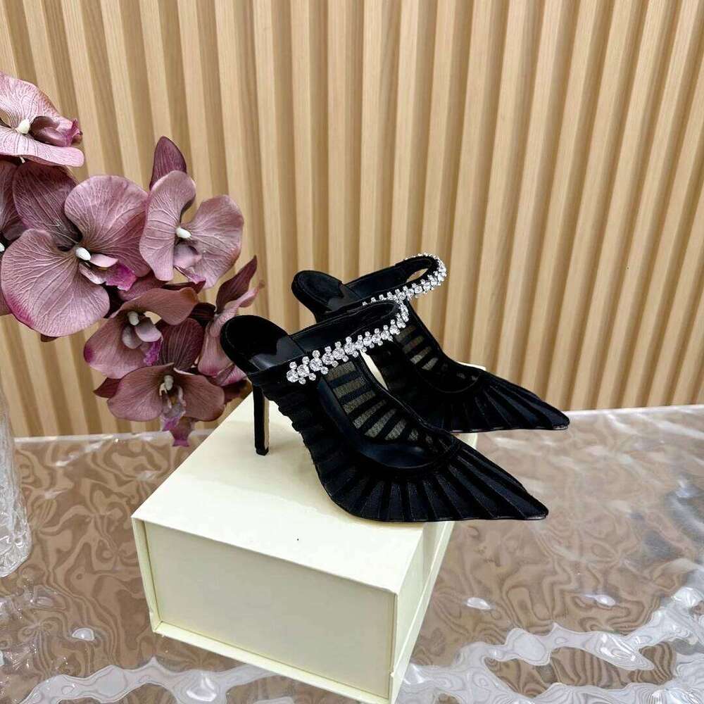 Women Size34-41 Mesh Genuine Leather Slippers Crystals Super High Heels Mules Designer Shoes Zapatillas De Mujer bb1