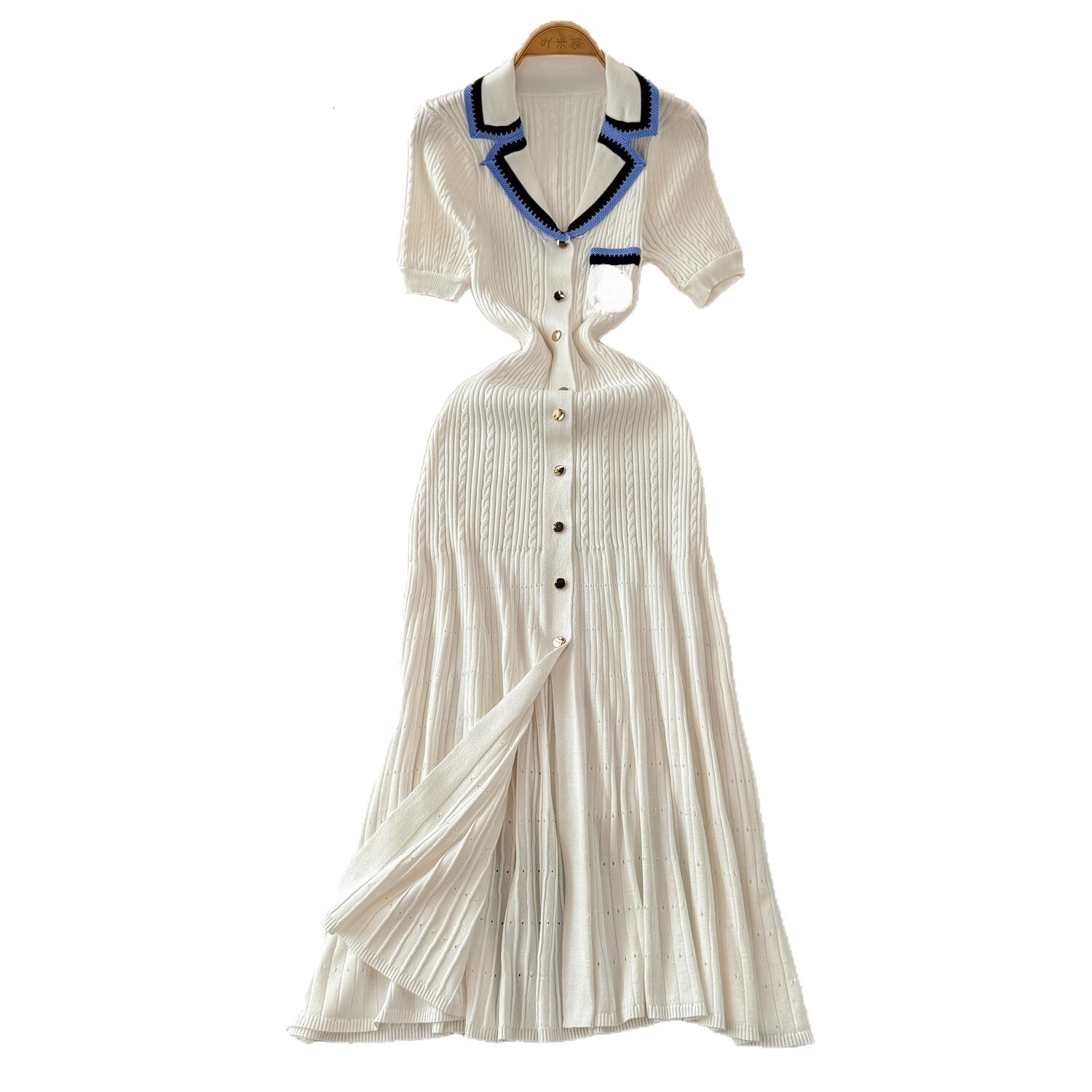 New Polo Collar Women's Elegant Slim Knitted Dress Summer Short Sleeve Long