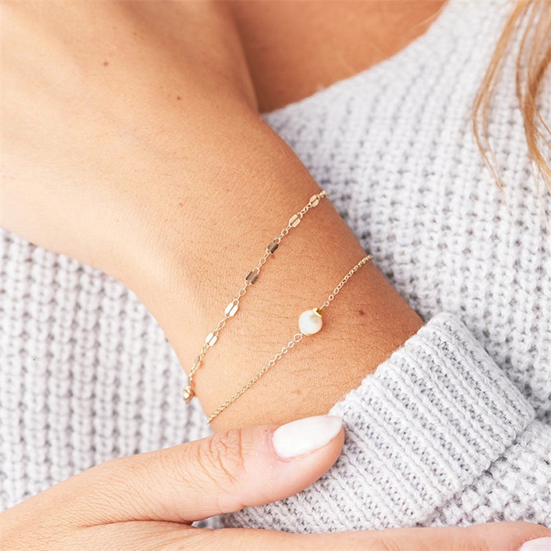Madam And American Trend Simple Bracelet Double Layer Personality Stainless Steel Chain Bracelet Light Designer Bracelet Luxury Stacked Pearl Jewelry 