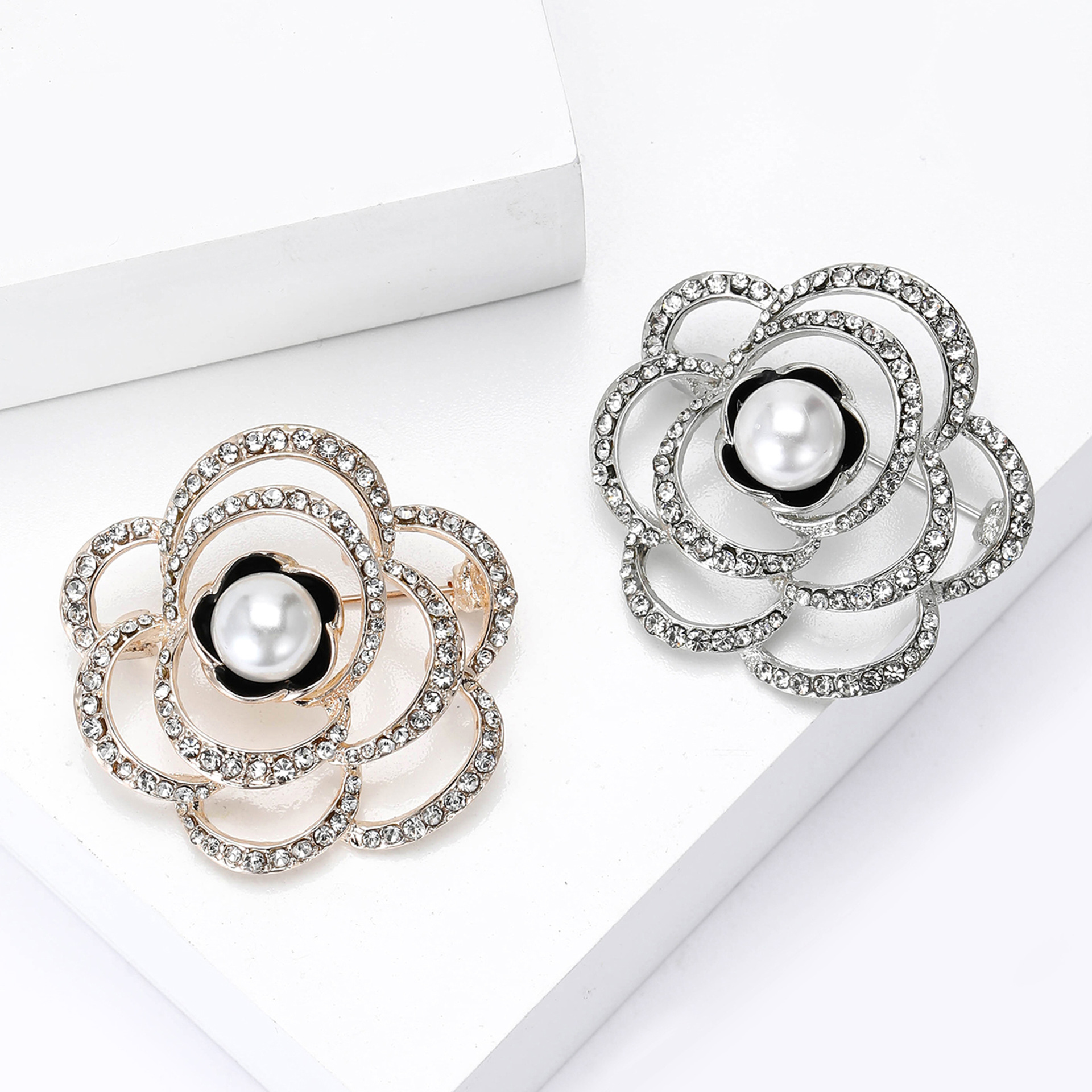 Silver Tone Rhinestone - Encrusted Camellia Flower Brooch With Pearl Center And Black Enamel Accents Elegant Party Jewelry Gift For Her High Quality J