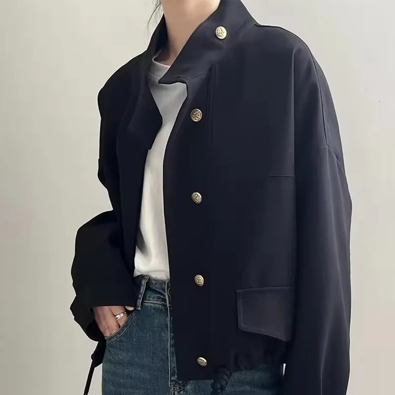 Elegant Women Short Jacket 2025 Spring Autumn Locomotive Jacket Casual Windbreaker Standing Collar Drawstring Trench Coat 250728
