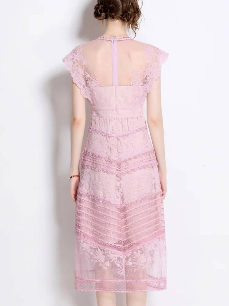 New Fashion Embroidery Flower Summer For Women O-Neck Sleeveless Elegant Lace Patchwork Runway Long Dress Vestidos dongdumaoyi