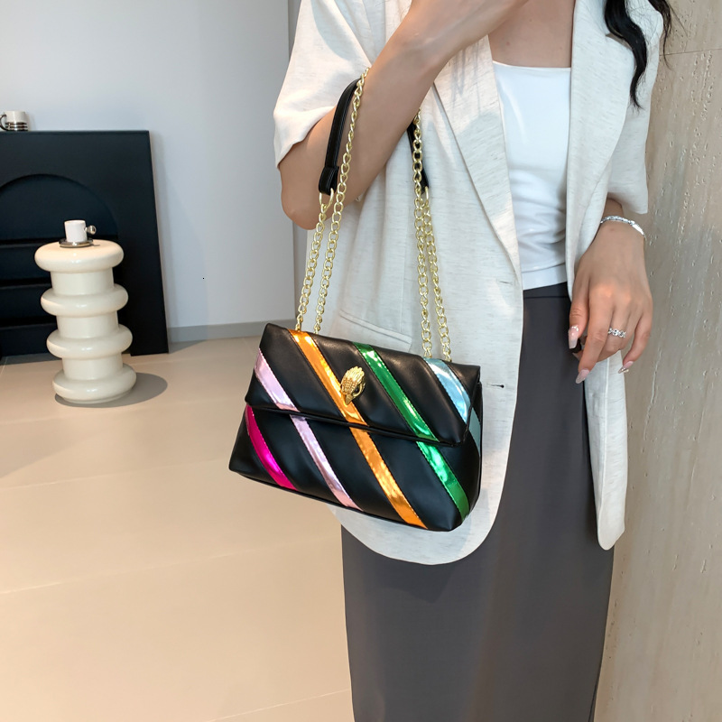 2024 Summer New Women's Color Block Patchwork Chain Simple Fashion Single Shoulder Crossbody Eagle Head Bag ddmymoon