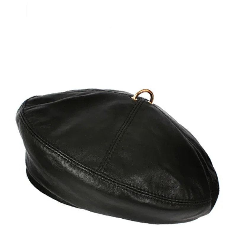 Spring 100% Real Leather Beret Hat Women Fashion European Pumpkin Painter Caps Female Rainbow Color White/Red 250730