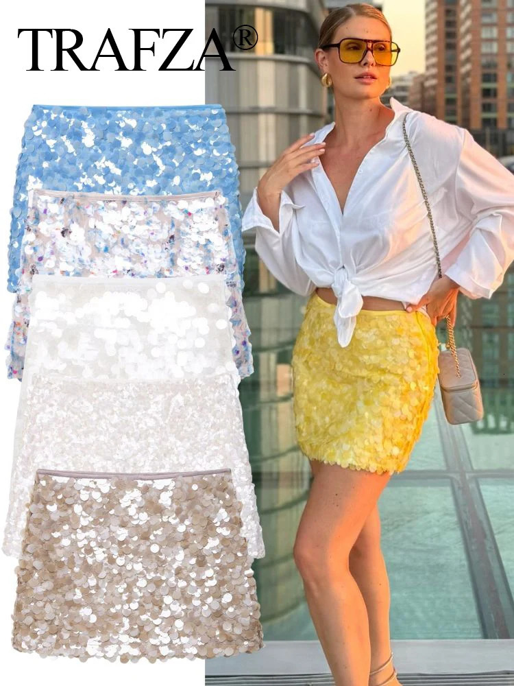 TRAFZA Elegant Women Solid Sequined Slim Mini Skirt Sparkling Party Style Female Sexy High Waist Short ALine 250730