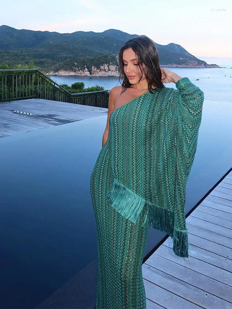 Casual Dresses Elegant Tassel Striped Long Dress Women One-shoulder Scarf Collar Asymmetrical Robe 2025 Summer Fringed Integrated Party