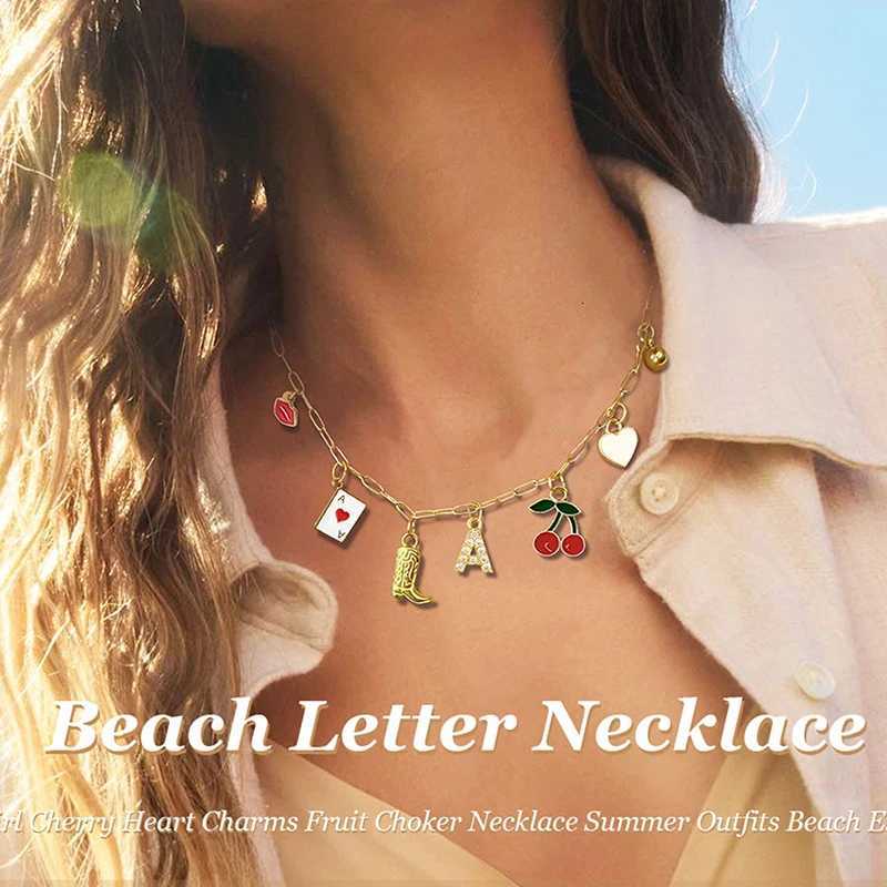 Boho Red Lips Cherry Heart Letter Charm Necklace Gold Plated Boots Crystal Initials Necklaces Cowgirl Beach Jewelry Z250731 Z250910