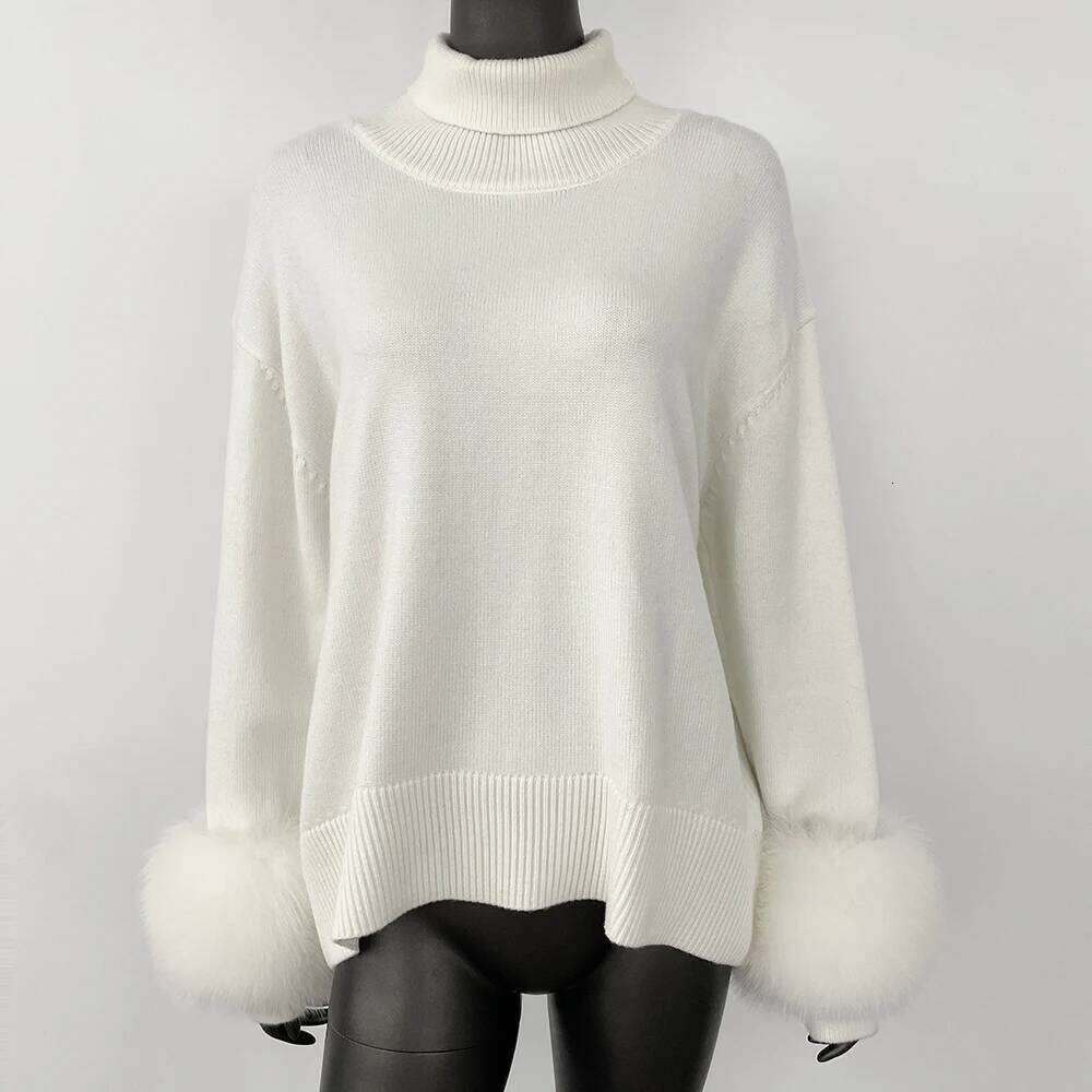 Women Wool Pullovers Oversized Real Fox Fur Cuffs Sweater Elegant Office Lady Clothing Loose Turtleneck Jumper