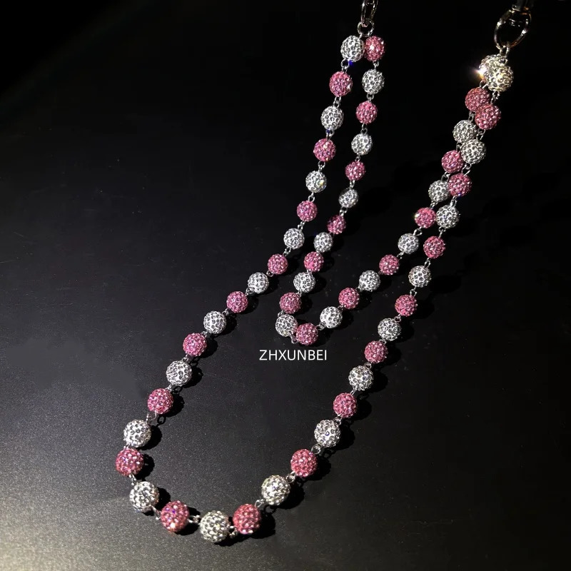 1pc Hip Hop Jewelry Wallet Chain 10mm Pink White Disco Rhinestone Beads Pendant Bag Pocket Pants Jeans Chain 250731