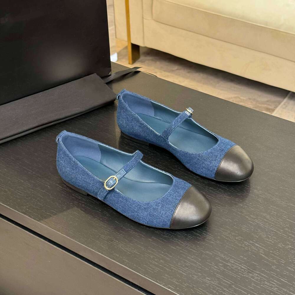 New Women Genuine Leather Ballet Flats Mary Janes Denim Round Toe Buckle Strap Roman Designer Shoes Zapatillas De Mujer 3ae