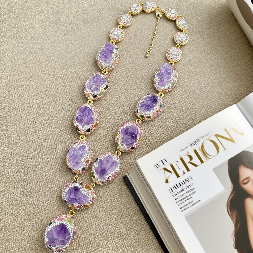 Luxury 3 in 1 Rough Natural Amethyst Crystal Set for Women Personalized Raw Stone Necklace Earrings Rings Quartz Jewelry Party Gifts