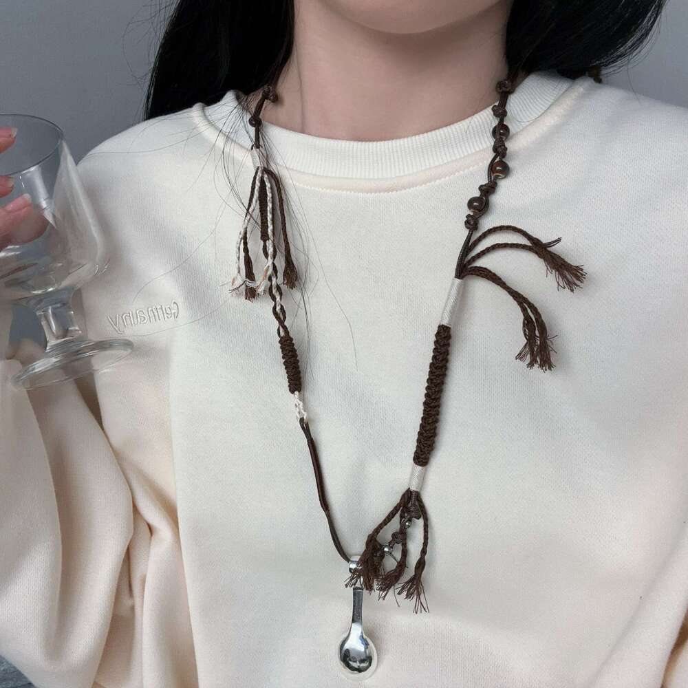 Wang Hedi Sier Spoon Necklace Unisex Braided Rope Sweater Chain Obvious Same Style Light Versatile dbd