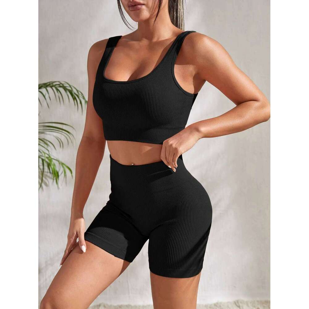 Seamless Yoga Workout Sets for Women 2 Pieces Gym Suits Ribbed Crop Tank High Waist Shorts Outfits Fiess Running