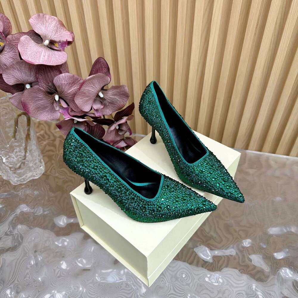 Women Size34-42 Silk Genuine Leather Crystal Pumps Super High Heels Wedding Pointed Toe Designer Shoes Zapatillas De Mujer 073