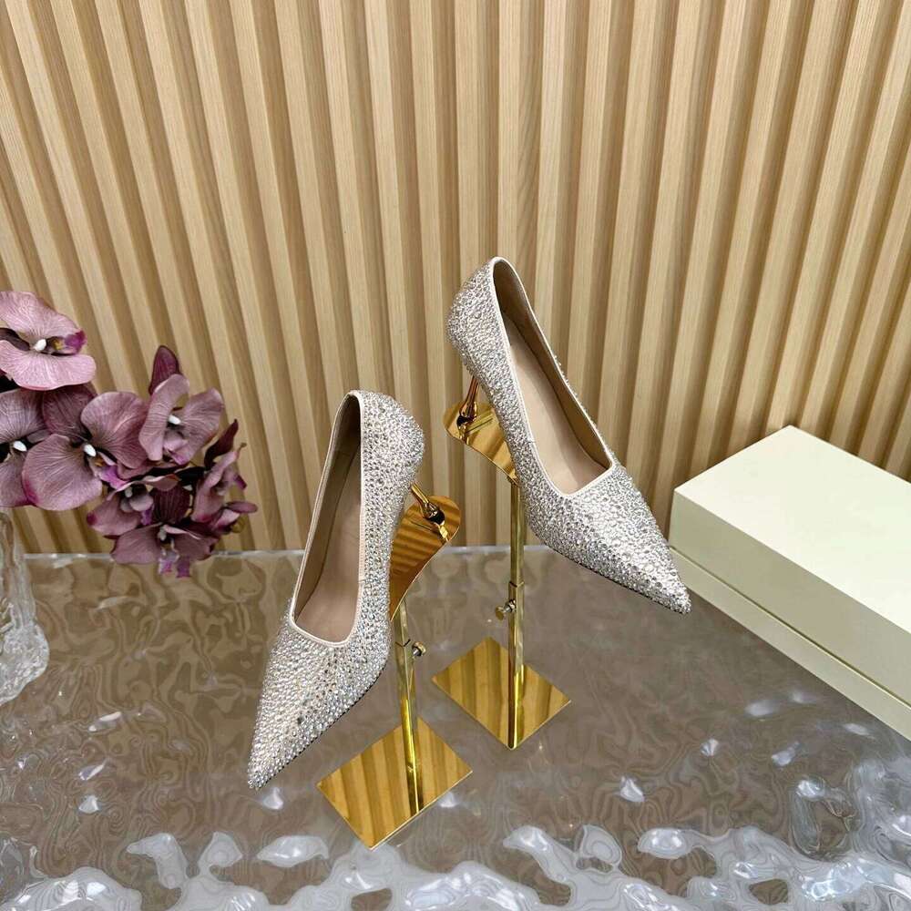 Women Size34-42 Silk Genuine Leather Crystal Pumps Super High Heels Wedding Pointed Toe Designer Shoes Zapatillas De Mujer 073