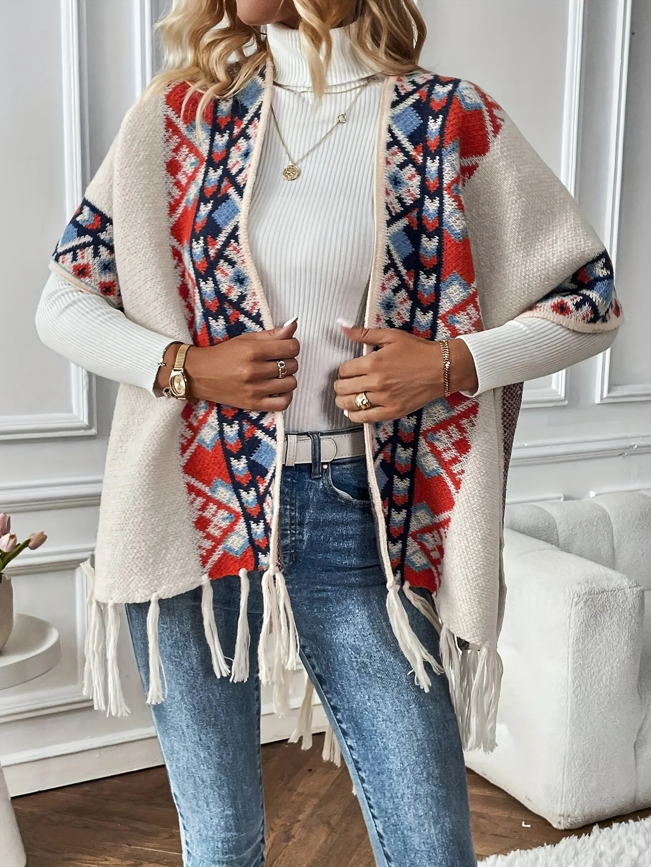 Womens Spring Fall Fashion Tassel Cardigan Collar Ethnic Style Retro Outer Cape Knitted Sweater 250730
