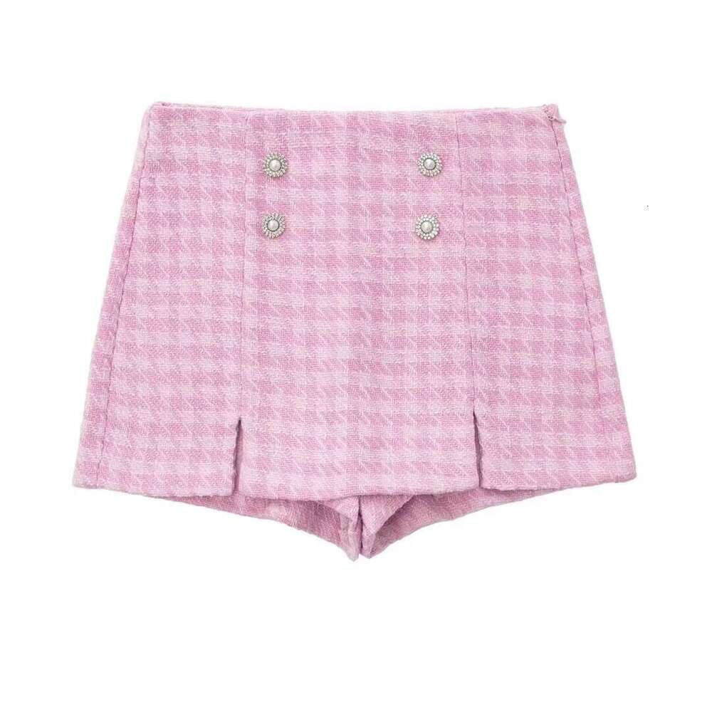 Women's Houndstooth Short Pink Plaid Blazer + Casual Textured Skirt Pants 2024 New Autumn Style