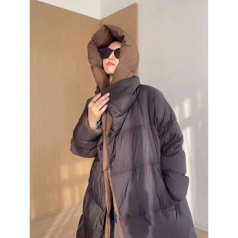 New White Duck Hooded Fake Two Piece Long Knee Down Jacket Winter Women's Warm Pike Coat 250728