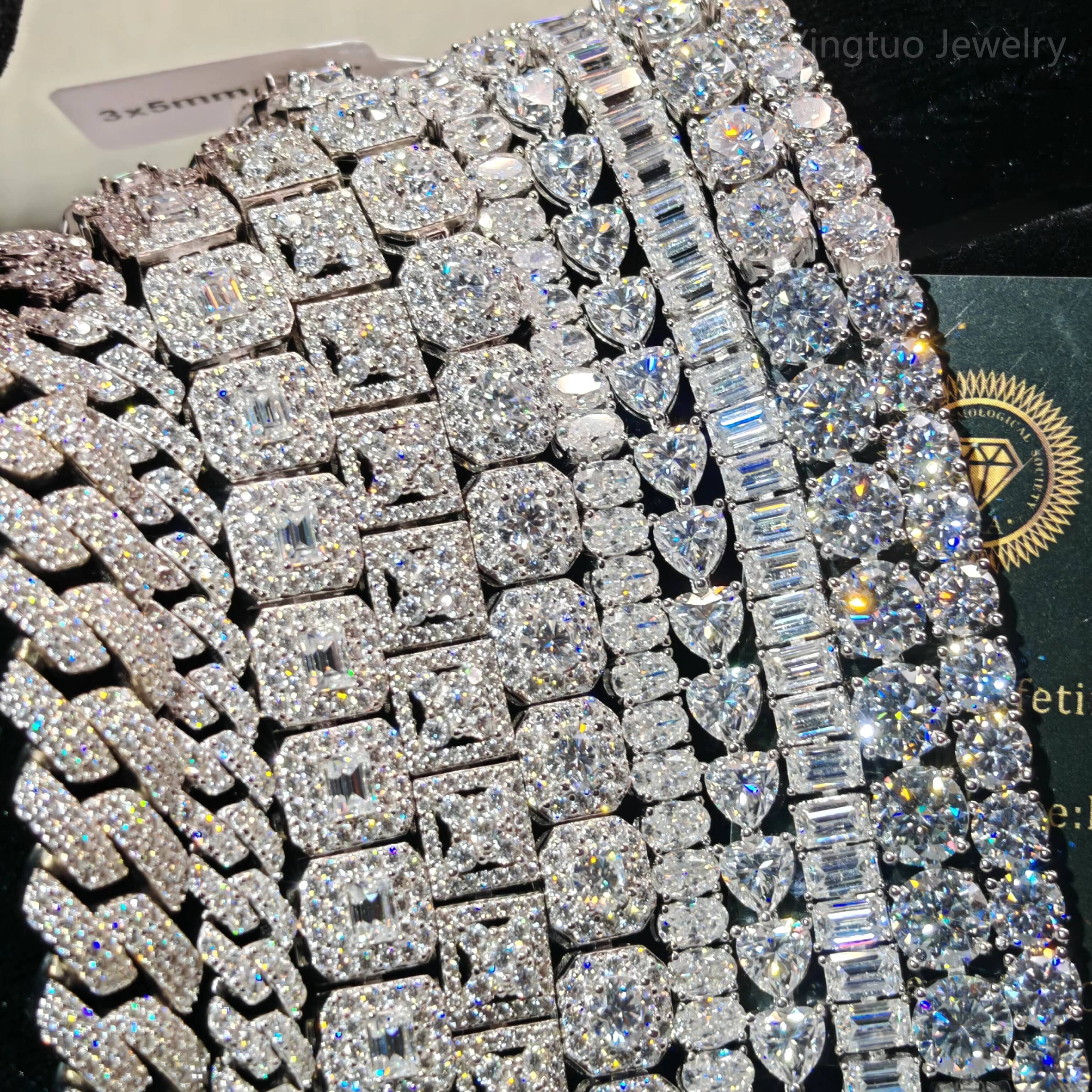 GRA Certification 925 Silver VVS Ice Cut Moissanite Tennis Chain Necklace Bracelet Hiphop Style Cuban Link Chain Necklace