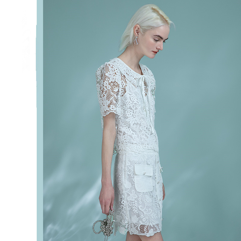 Women White Lace Straight Short Skirts High-waisted A-line Mini Skirt Elegant Water-Soluble Lace Skirt 6111481