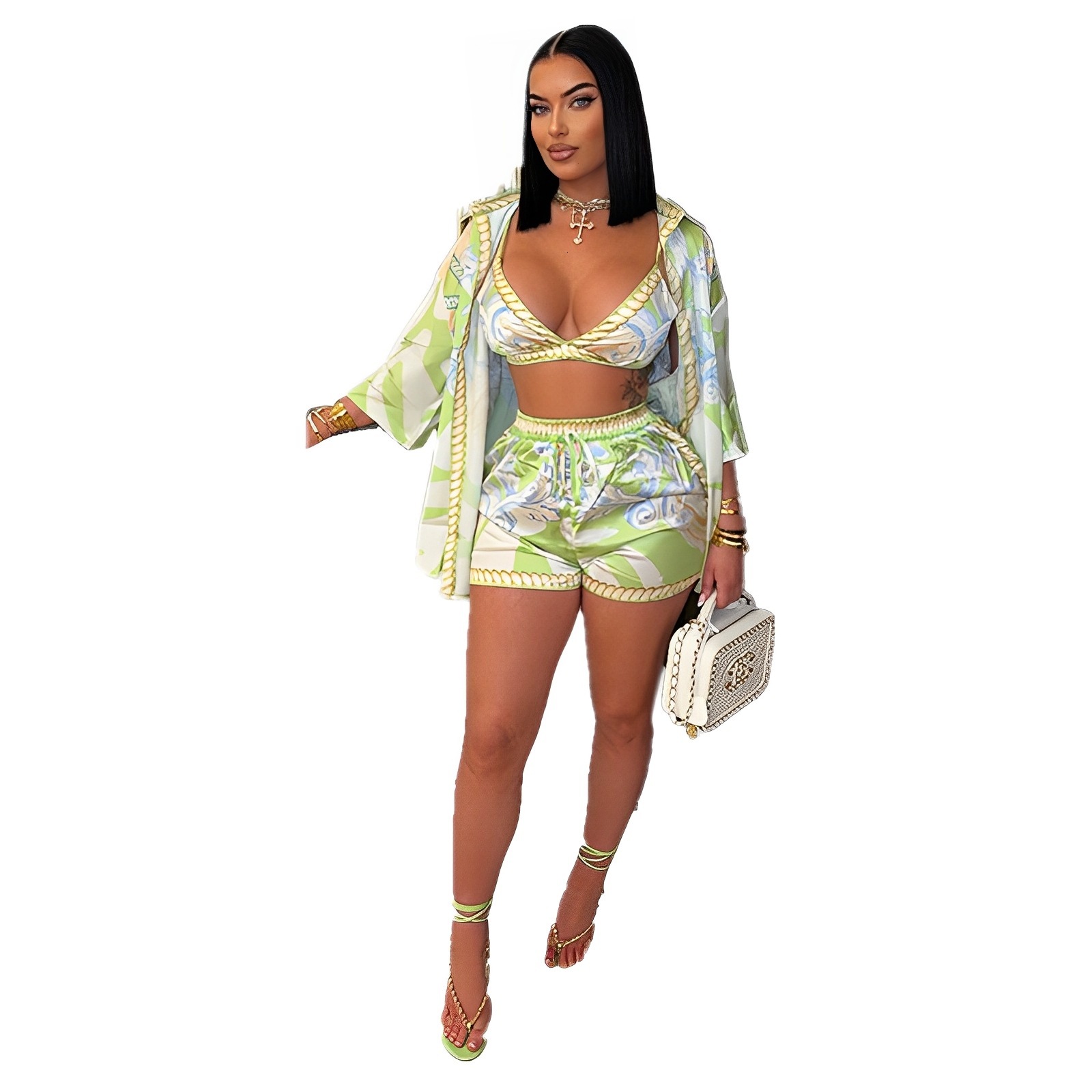 D2509 new womens casual printed beach swimsuit chest wrapped shirt shorts three piece set