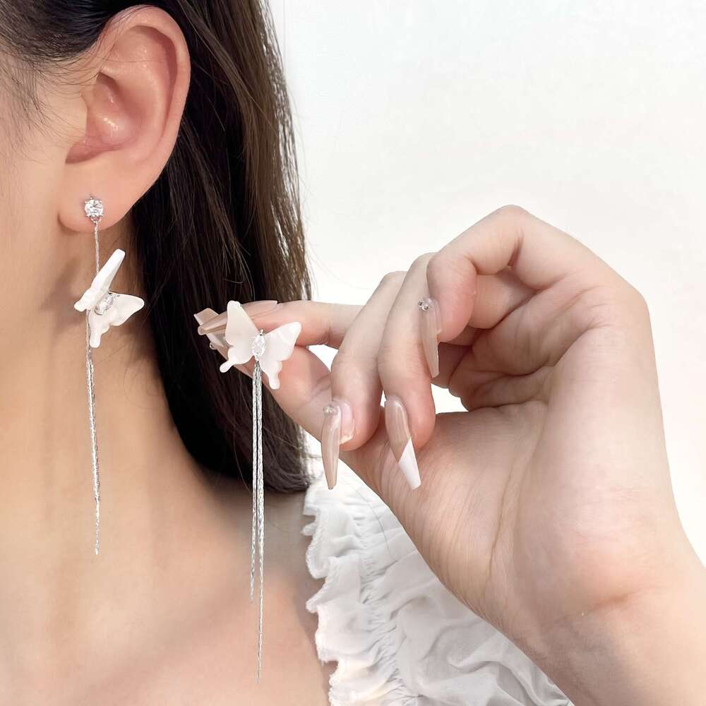 Chinese Style National Trend Twin Girlish Pink Dream Butterfly Elegant Versatile Blue and White Earrings b9f