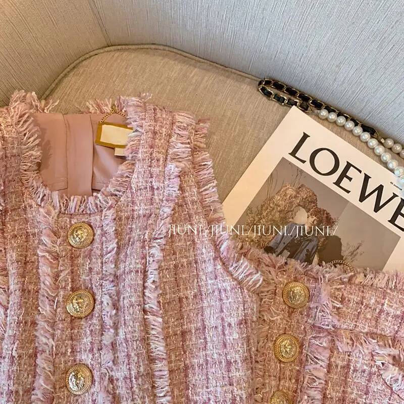 Pink Tweed 2 Pieces Sets Elegant Sleeveless Vest Women A-Line Korean Style Two Piece Skirt Suits Rich Girl Matching Outfit dongdumaoyi