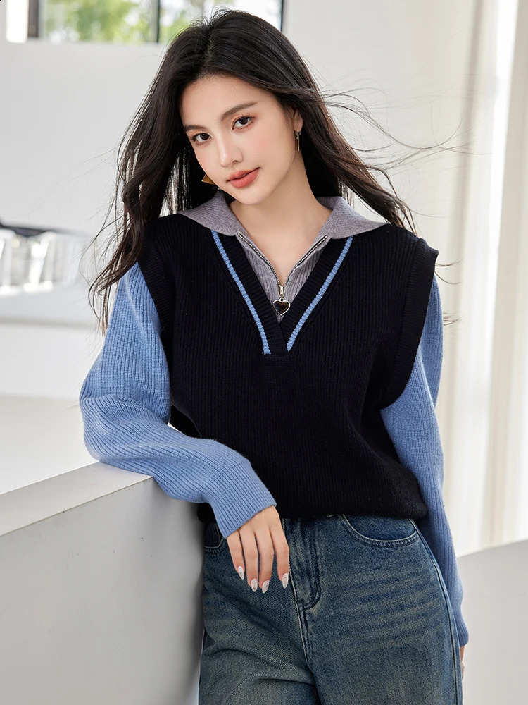 Autumn Twopiece Knitted Sweater Women Fashion Temperament Long Sleeve Pullover Knitwear Tops 250730