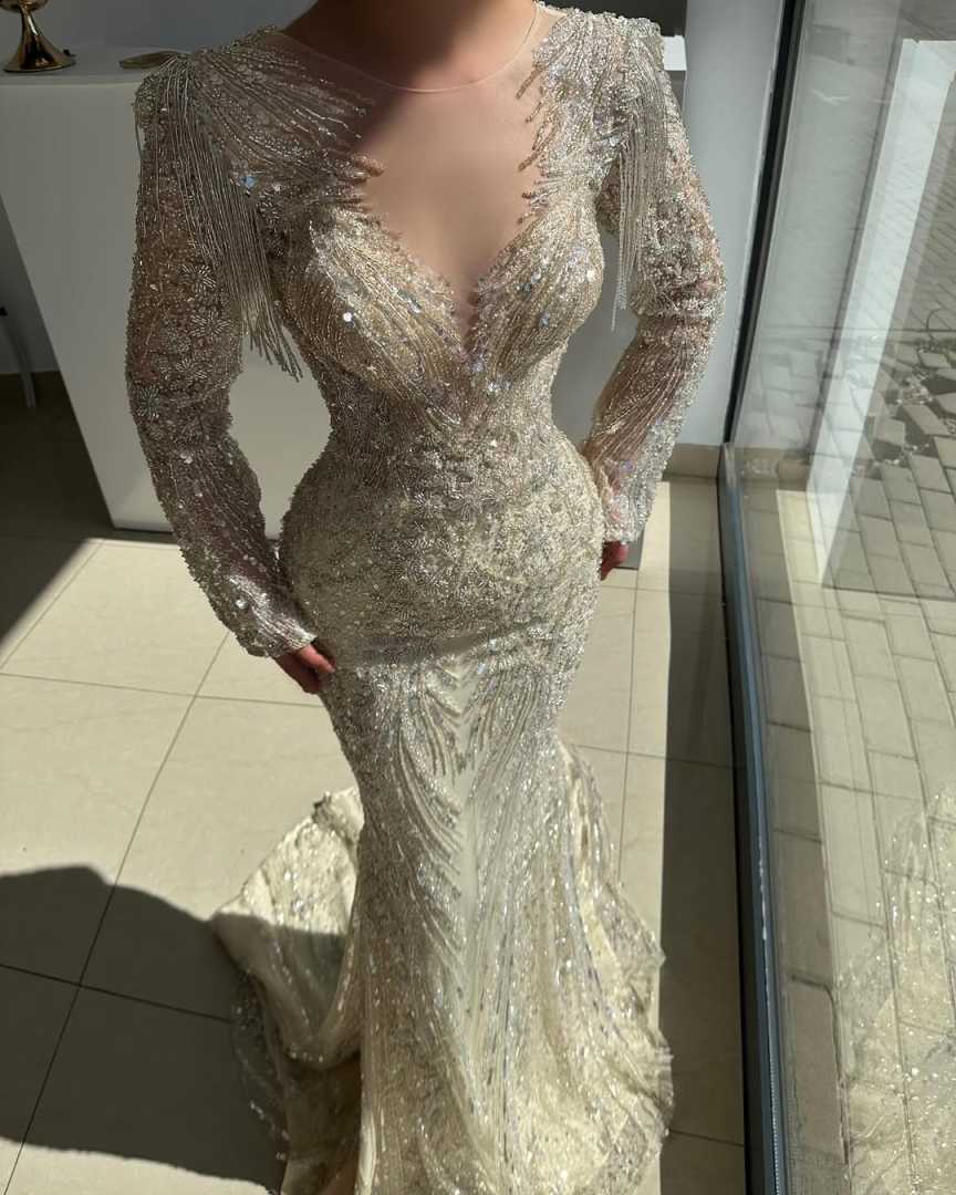 Luxury Evening Dresses For Women Jewel Neck Long Sleeves Gown Sequins Appliques Sweep Train Dress Party Customized Dress