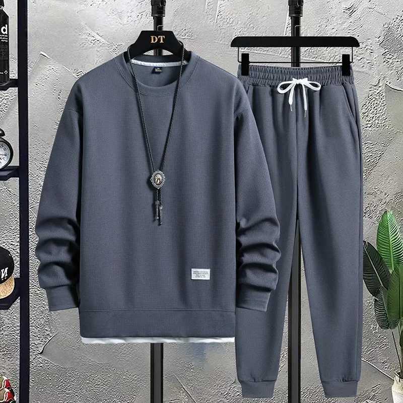 Summer Mens Waffle Sets Casual T-Shirt And Pants Set Male Sports Suit 2 Piece Set Solid Color Tracksuit Loose Suits Size 3XL XJ250731