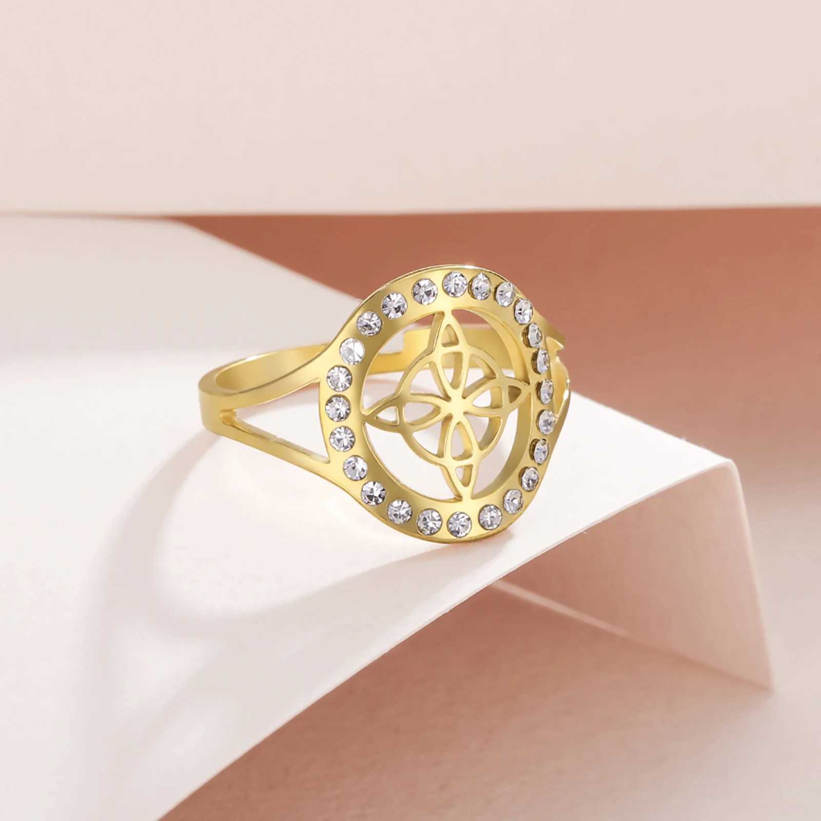 Skyrim Witchcraft Witch Knot Clear Zircon Round Ring Stainless Steel Gold Color Adjustable Finger Rings Vintage Amulet Jewelry y250730