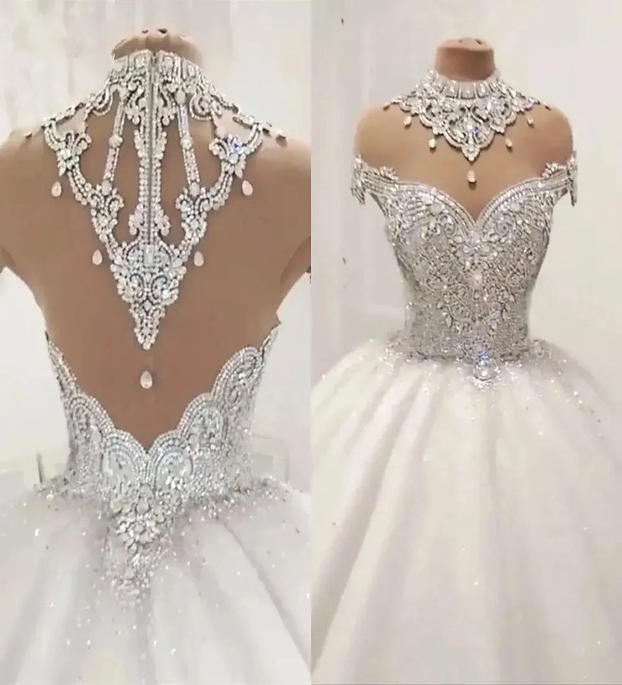 White Wedding Dresses Ivory Bridal Gowns New A Line Sleeveless Sequins Beaded Custom Zipper Lace Up Plus Size Formal High Neck Crystal Tulle Gorgeous
