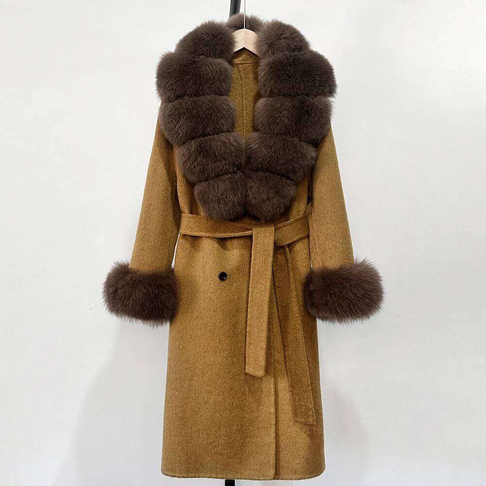Designer Clothing Blends Long Natural Woolen Coat Women New Autumn Winter Clothes Fashion Warm Wool Real Fox Fur Jacket Overcoat Fashion