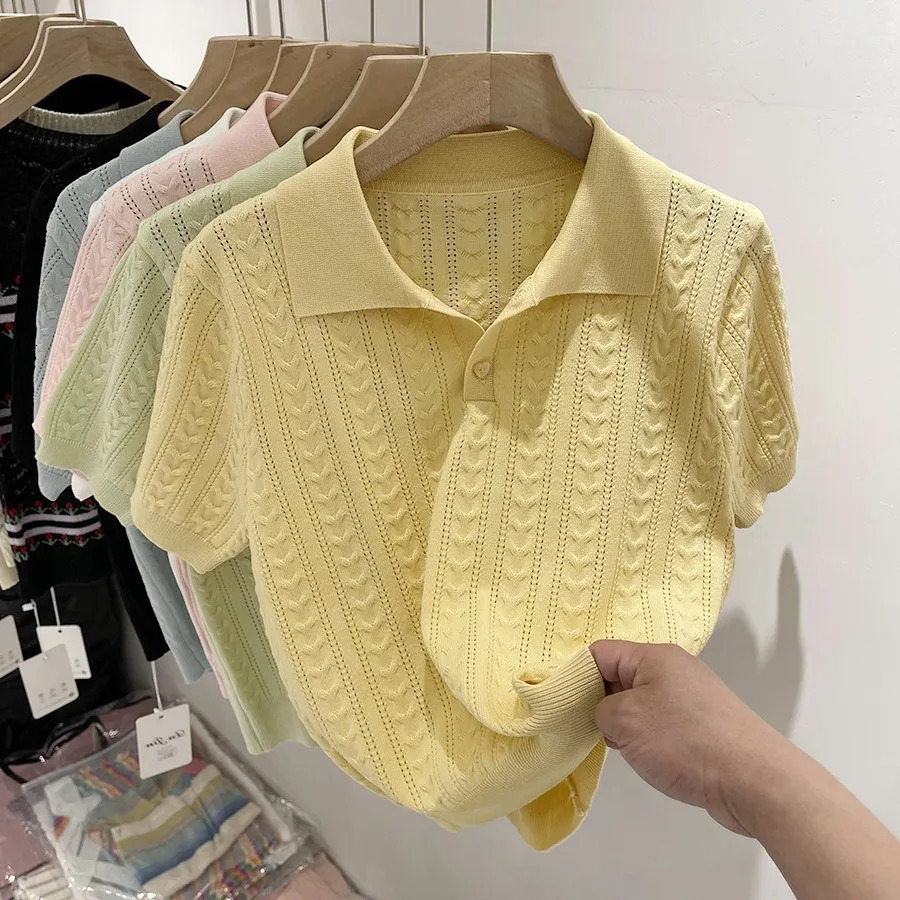 Summer Soft and Sticky POLO Collar Ice Silk Knitted Sweater for Women with A Niche Short Sleeved n Thin Top 250729