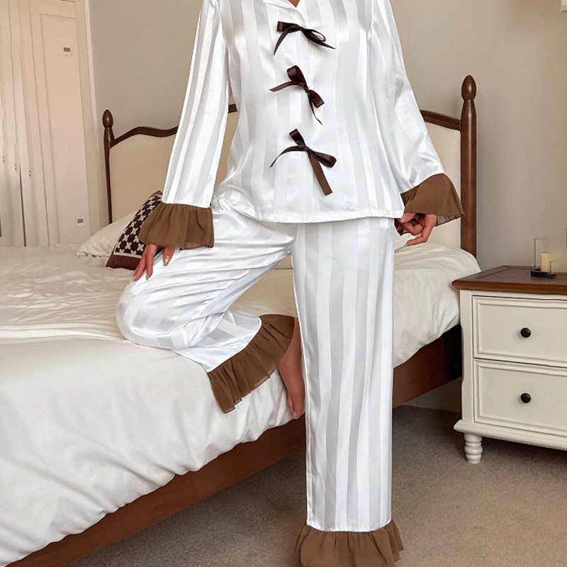2025 New Women's Spring and Autumn Silk Colorful Wide Striped Color Block Lace Bow Long Sleeve Long Pants Pajama Set