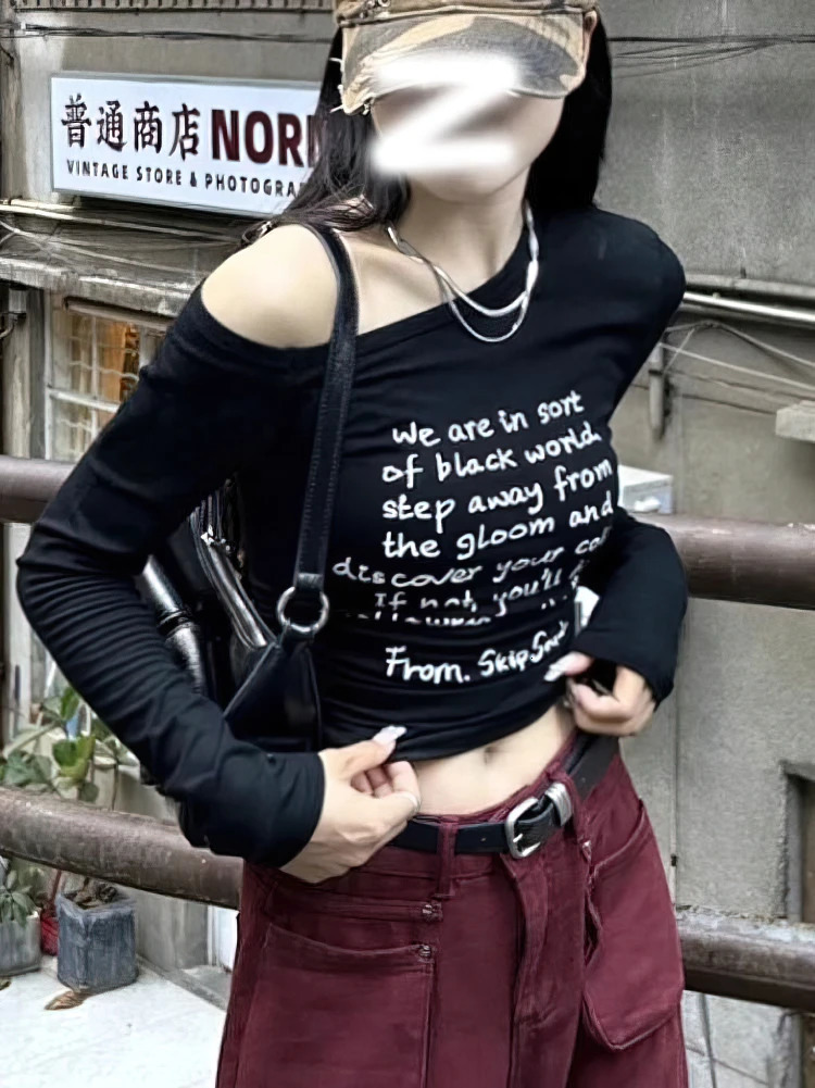 Vintage Y2k Off shoulder Long sleeve T shirt Women Body Sexy Letter Print Basic Baby Crop Top Lady Korean Chic Tees Slim fit 250730
