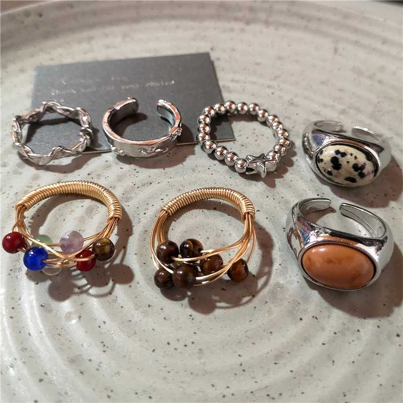 New Fashion Vintage Brown Spotted Tiger Eye Stone Rings For Women Silver Color Irregular Round Open Ring Aesthetic Jewelry Gift y250730