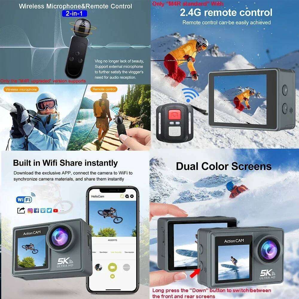 Designer brand niche action dual IPS touch waterproof zoom sports camera with wireless microphone pre-recording