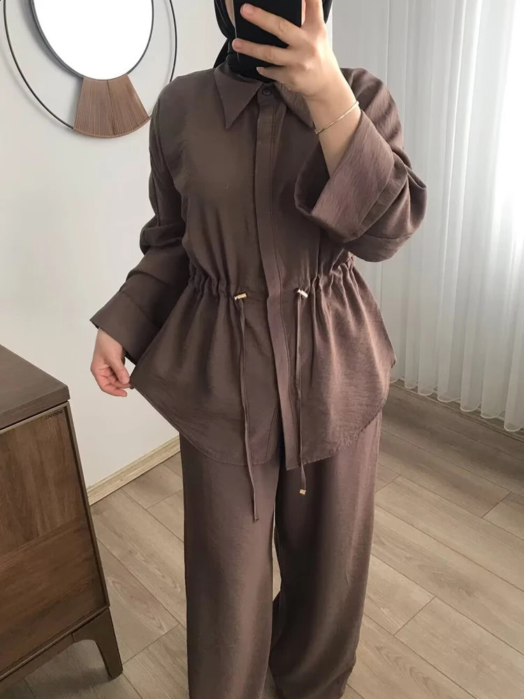 Pant sets Summer Womens Suit Shirts Blouses Tops Trouser Two Pieces Set Brown Shortsleeved Shirt Female Pantsuit 250724