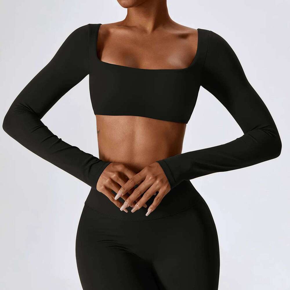 Women Crop Tops Yoga T-shirts Solid Sports Top Long Sleeve Running Shirts Sexy Exposed Navel Quick Dry Fiess Gym Sport Wear