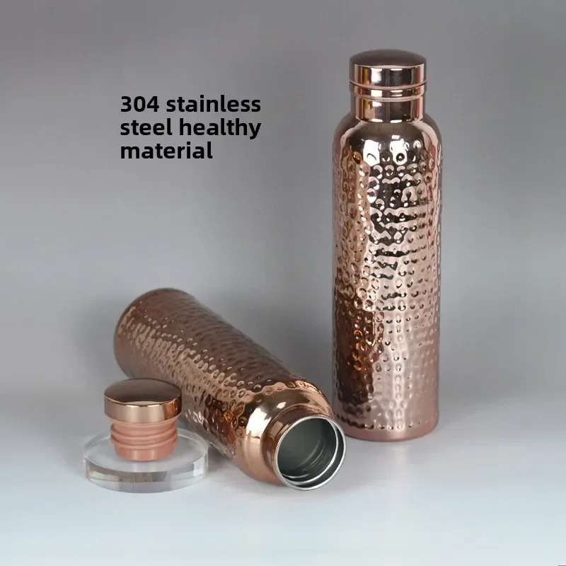 Electroplated Copper Thermos Cup Outdoor Sports Hammered Pattern Kettle with Canvas Bag Sports Large Capacity Leak proof Water Bottle 650ML