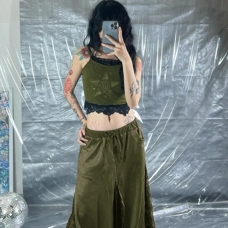 Women Vintage Suede Nap Lace Patchwork Hem Zip Long Skirt Cyber Y2K Chic Drawstring Pocket Aline Skirts Lady Grunge Streetwear 250730