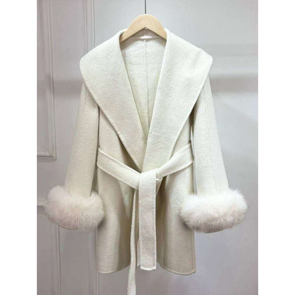 Designer Clothing Janveny 2025 New Winter Real Natural Fox Fur Cuff Ladies Outwear Female Cashmere Wool Coat Outerwear Women Woolen Jacket Fashion