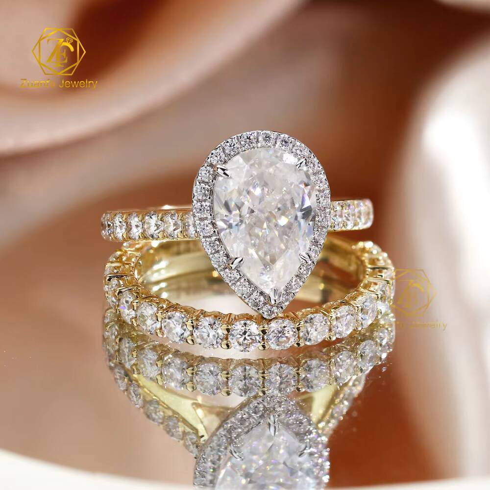 Romantic Women Fine Jewelry Ring Set 2ct Pear Cut 14k Solid Gold Moissanite Halo Ring Set for Wedding Engagement