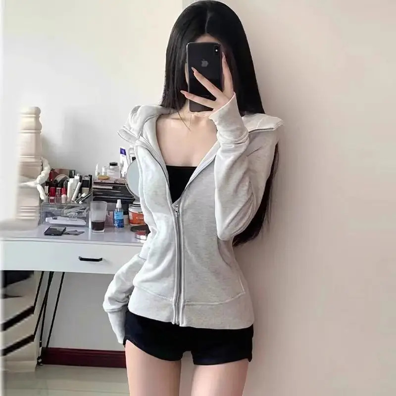 Fashion Casual Vintage Hooded Coat Harajuku Chic Long Sleeve Zipper Skinny Tops Women Retro Slim n Yoga Wear Clothing 250731