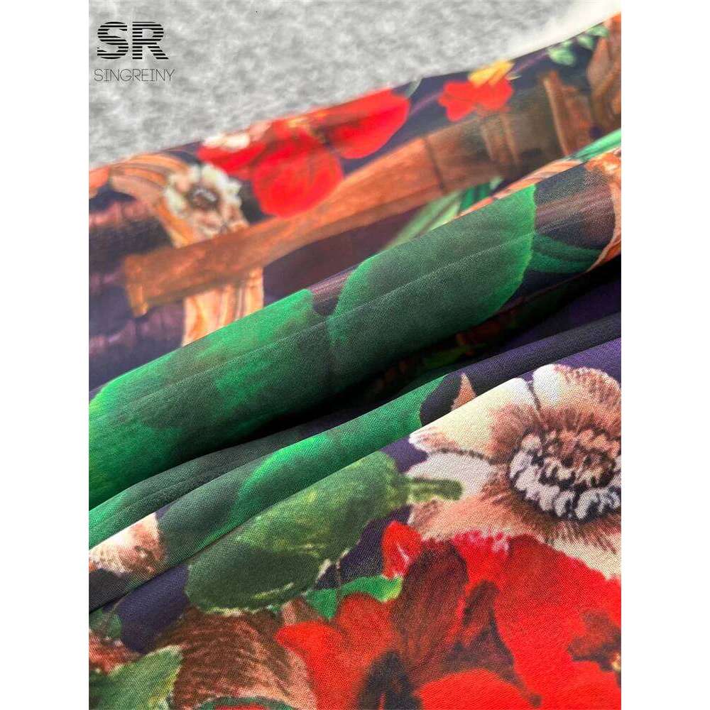 Vintage Print Chiffon Dresses Women Lantern Sleeve O Neck Design Fashion High Quality Court Floral Pleated Long Dress