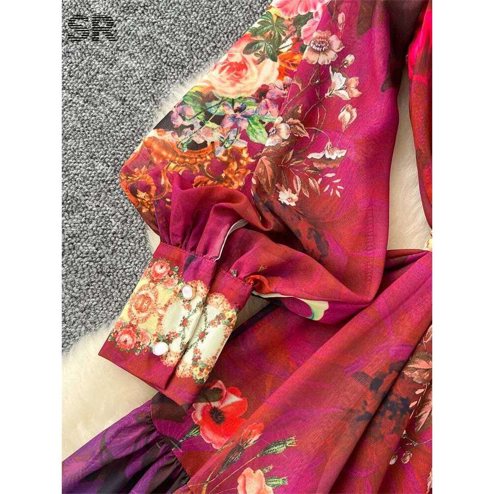 Vintage Print Chiffon Dresses Women Lantern Sleeve O Neck Design Fashion High Quality Court Floral Pleated Long Dress