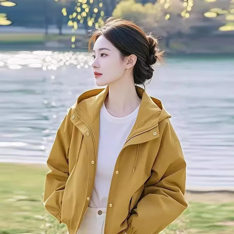 Khaki Spring Autumn Item Beautiful Casual Niche Loose Yellow Hooded Short Jacket For Women Outcoat With Lining 250728